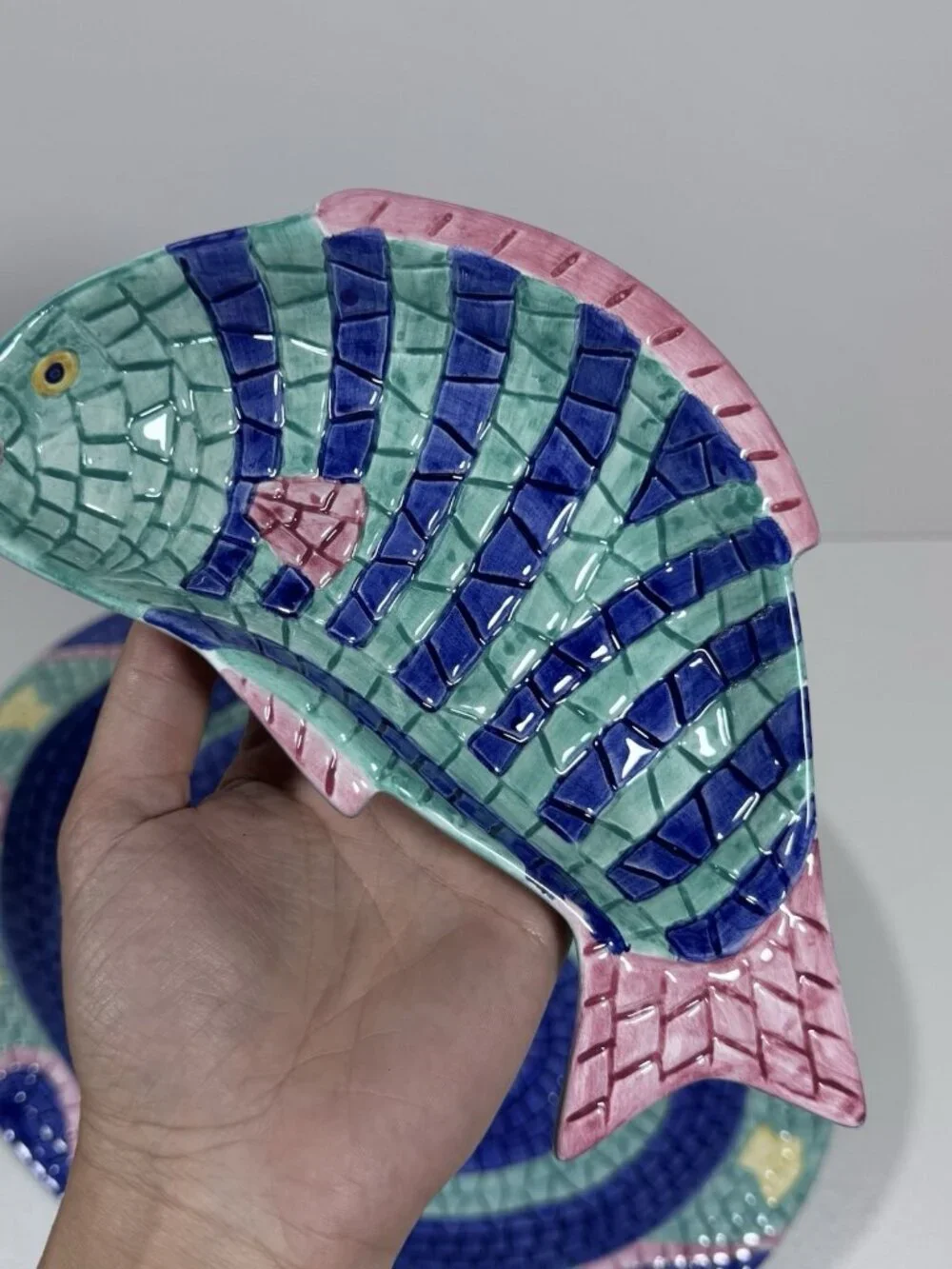 Vintage CLAY ART Kitschy MOSAIC Tile FISH PLATTER AND DIP SET BRIGHT COLORS 1995